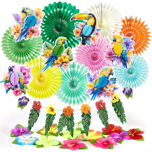 27 Stück Hawaii Party Deko Set Enthält 6 x Tropische Vögel Deko，8 x Papier Fächer，Papagei Party Deko und Hängende Girlande Papierfächer für Sommerdeko, Hawaii Deko, Dschungel