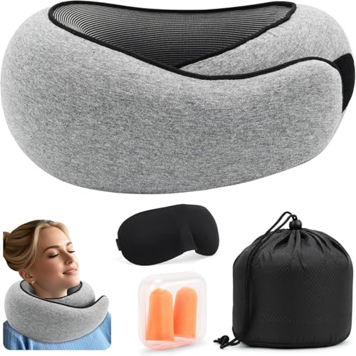 Arrobust Nackenkissen Flugzeug, Reisekissen Memory Foam, Verstellbares Kompaktes Nackenkissen Reise für Büro Und Bahn, Reisen mit Flugzeug, mit Ohrstöpseln, Augenmaske und Aufbewahrungstasche (Grey)