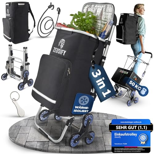 Zeusify Einkaufstrolley Klappbar [XXL Kühlfach] Hackenporsche Treppensteiger 50L Volumen Einkaufstasche mit Rollen, Wasserfest, Faltbar (Schwarz, 50 L)