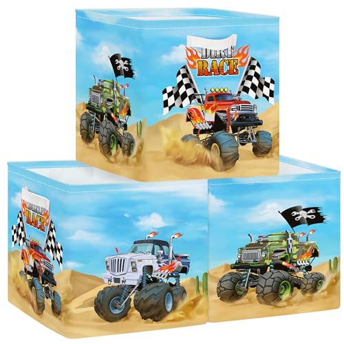 Clastyle 3 Stück Autos Kinder Aufbewahrungsbox Stoff Junge Mädchen Aufbewahrungskorb mit Griffen Spielzeug Aufbewahrungswürfel Organizer für Bücher Kleidung,Monstertruck,30x30x30 cm