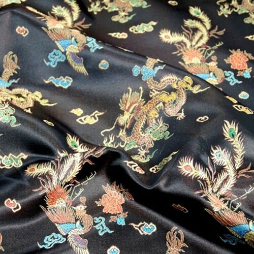Chinesischer Brokatstoff, traditionelles Drachenkleid, bestickt, Seidensatin, orientalisch (schwarz)