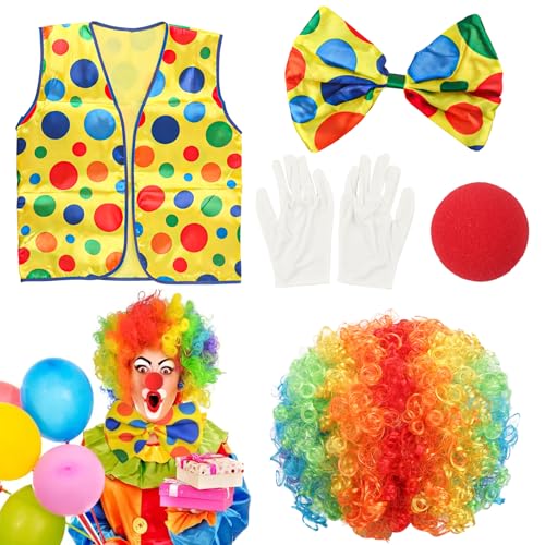 Buntes Clown Kostüm Set, Clown Kostüm Erwachsene, Clown Kostüm Kinder Zirkus, Cosplay Zirkus Requisiten Enthalten Bunte PerüCken Clownsnase Handschuhe Krawatte Weste, Für Karneval Cosplay Accessoire