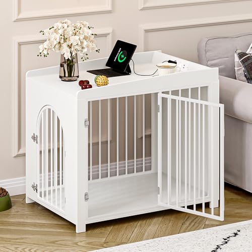 Hzuaneri Hundekäfig Möbel Beistelltisch, 90cm Hundebox mit USB-Anschluss und Steckdose, 2 Türen, Bogentür, Moderne Hundebox Indoor für mittlere/kleine Hunde, Hundekäfig für Zuhause, 63x90x79 cm, Weiß