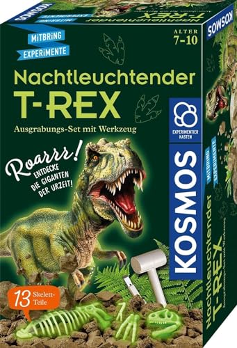 KOSMOS 658021 Nachtleuchtender T-REX Experimentierset für Kinder ab 7 Jahren, Dinosaurier, Fossilien, Ausgrabung, Urzeit, tief verborgen im Gipsblock, Mitbringsel, Geschenk