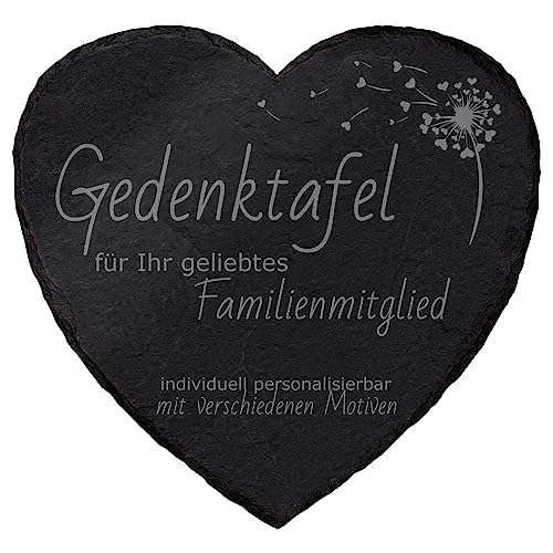 mtb more energy Gedenktafel Grabstein aus Schiefer mit Gravur - wähle passende Motive und Schriftarten - Herz (25 x 25 cm) - Grabplatte Gedenkbild Kondolenzfeier