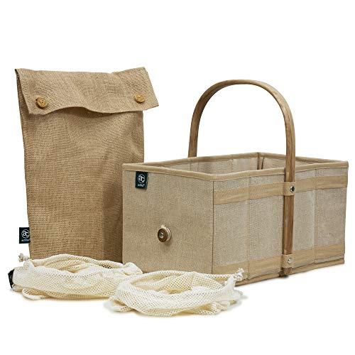 achilles Einkaufskorb aus Holz mit Obst- und Gemüsenetz, Klappbarer Korb, Picknick-Korb, Einkaufsbox, Einkaufstasche, Korb-Box, Klappbox, 40x24x20 cm (Natur, Beige)