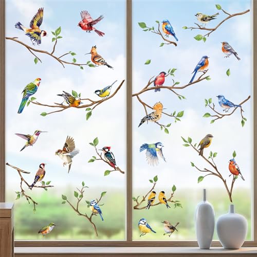 decalmile Fensteraufkleber Frühling Vögel auf AST Fenster Abziehbilder Blätter Pflanzen Vögel Kolibri Anti-Kollision Fensterfolie Glas Fensterdeko Aufkleber