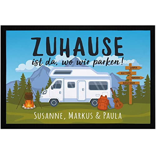 SpecialMe® Fußmatte mit Namen Zuhause ist da wo wir parken personalisiert Geschenk für Wohnmobilbesitzer Familie schwarz 60x40cm
