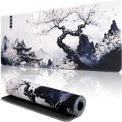 shangtushunli Japanische Weiße Mauspad, Große Kirschblüte Schreibtisch Matte, Anime Gaming Tastatur Matte, rutschfeste Gummibasis, Großer Erweiterter Schreibtisch Schutz Für Home Office1