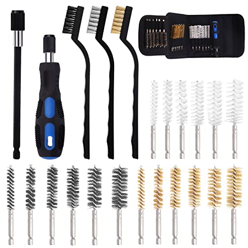 Swpeet 24 Stück 3 Materialien 6 Größen Bohrung Drahtbürste mit Drahtschnäpper Bürsten-Set, Edelstahl, Messing, Nylon Reinigungsbürste mit Griff und gedrehter Drahtreinigungsbürste – 1/4 Zoll