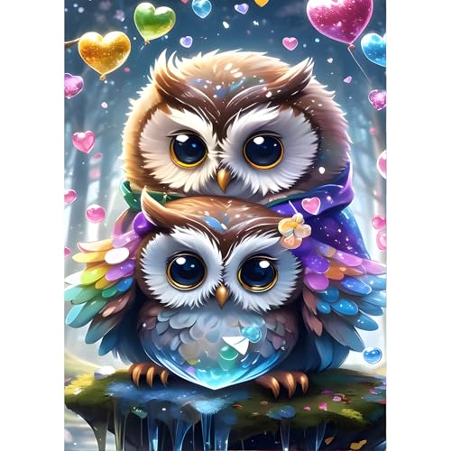 QINRUBB DIY Bunte Eule Diamond Painting Erwachsene, 5D Herz Diamant Painting Bilder Anfänger, Liebe Runder Vollbohrer Diamanten Malerei Stickerei Kreuzstich Geschenke Home Wand Dekor 30x40cm