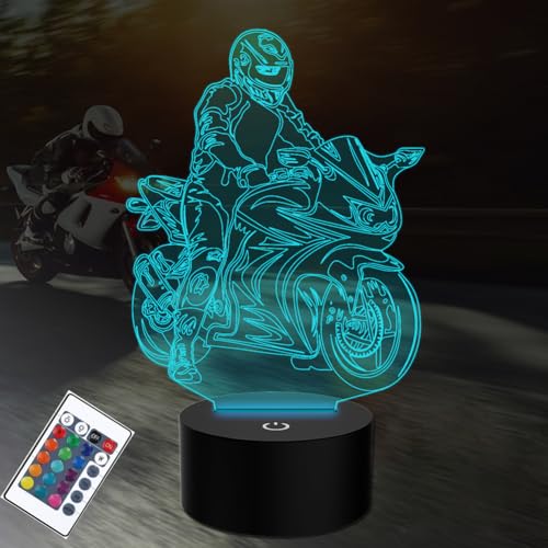 PONLCY Motorrad Led Nachtlicht, 16 Farben 3D Illusion Lampe, Fernbedienung USB Schreibtischlampen, Schlafzimmer Dekoration Tischlampe für Kinder Weihnachten Geburtstag Geschenke
