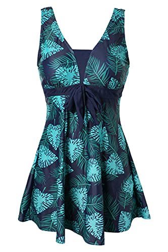Ecupper Badeanzug Damen Elegant Einteiliger Badeanzug Mit Brustpolster Badeanzugkleid Baderock Dunkelgrüne Blätter 2XL