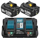 Hohe Kapazität 18V 6.0Ah/6000mAh Verbesserte 2X Ersatzakku für Makita + Dual Port 6A Ladegerät für DC18RD Kompatibel für BL1860B BL1860 BL1850B BL1840B BL1830 with LED Werkzeugakku.