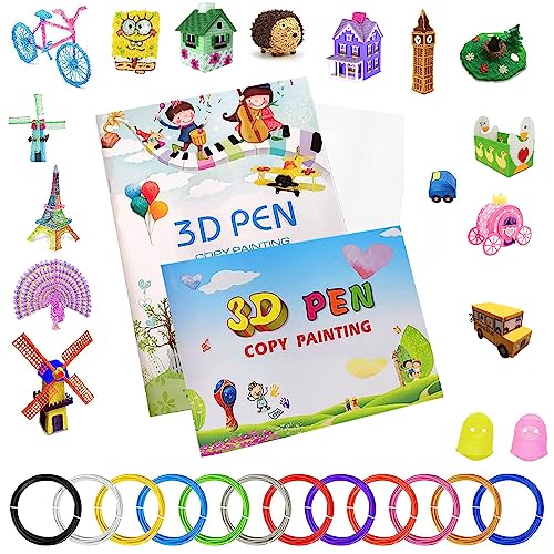 2PCS 3d Stift Vorlagen Zubehör Schablonen 3D-Druck-Zeichenbuch, Wiederverwendbare Bunte dickes Papier Vorlage，Mit 12 Farben PLA,2 Fingerkörbchen 3D-Stift Kinder DIY Geschenk