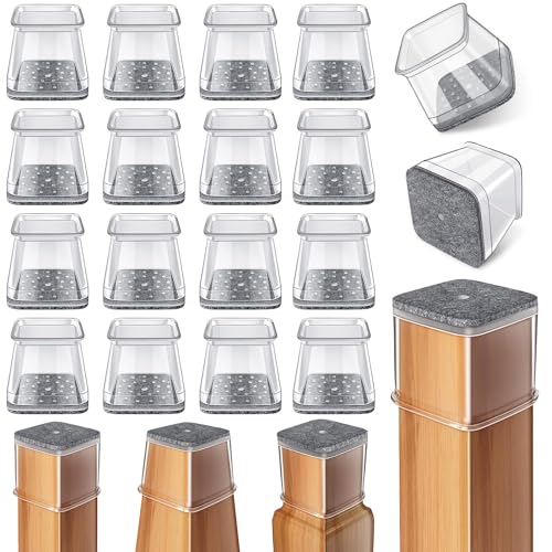 Stuhlbeinkappen Eckig，24 Stück Stuhlbeinschoner Silikon Transparent mit Filz, Filzgleiter für Stühle, Schutzkappen für Stuhlbeine für Hartholzböden(Fit:27-40mm)