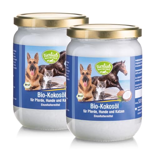 Sanct Bernhard tierlieb Bio-Natives Kokosöl für Pferde, Hunde & Katzen | Hoher Gehalt an Laurinsäure | Barf | Aus rein mechanischer Pressung | 2 Gläser je 500 ml
