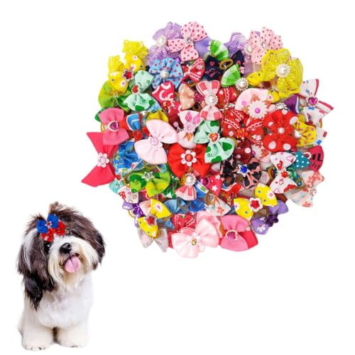 LEEQ Hundehaar Schleifen mit Edelsteinen - Pet Bowknot Haarseil mit Gummiband, Haustiere Hundehaare Bögen Zubehör für Lange Haare Haustier Hunde Katze Welpen, Zufällige Farbe(20 pcs)