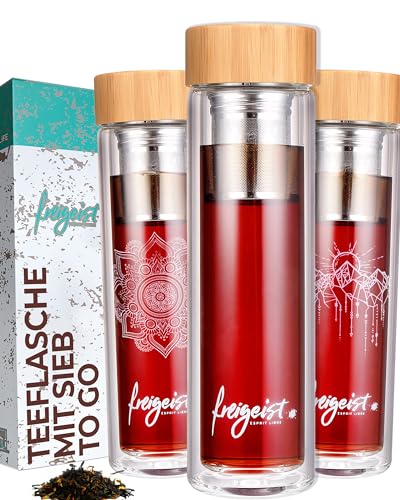 Teeflasche mit Sieb to go 500ml - attraktive Tee Flasche | Teekanne to go - Trinkflasche Tee mit Edelstahl-Filter & Hülle | Perfektes Tee Zubehör & Geschenk für Teetrinker - freigeist