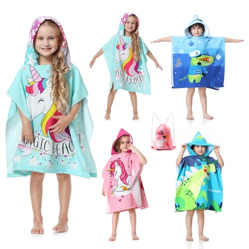 MOKANI Badeponcho Kinder mit Kapuze, Mikrofaser Handtuch Poncho mit Kordelzugbeutel, Weich & SaugfäHig Strandtuch Badetuch Badehandtuch füR MäDchen, Jungen (Kinderhöhe: 85-110 cm)