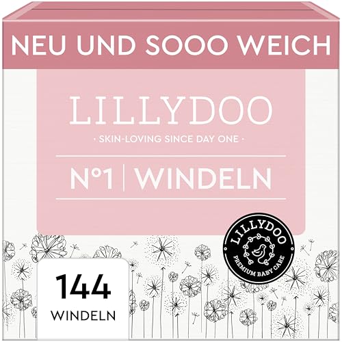 LILLYDOO hautfreundliche Baby Windeln - Größe 1 (2-5 kg), Monatsbox (144 Stück), Sicherer Auslaufschutz, Weich, Ohne Parfüme & Lotionen für empfindliche Haut, Dermatologisch getestet