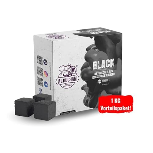 Al Duchan Shisha Kohle Naturkohle – Premium Kokoskohle für Wasserpfeife – 1KG, 4KG, 10KG, 20KG – Hohe Hitze, Lange Brenndauer (Black 28x28x28mm, 1, KG)
