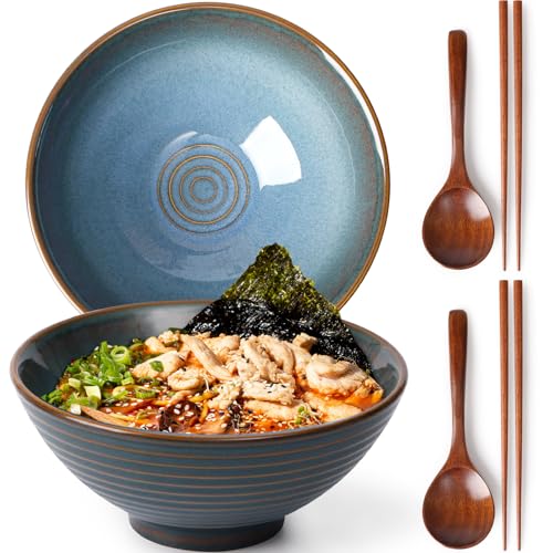 NUTRIUPS 2 x 1200ml Ramenschüssel aus Keramik mit Essstäbchen und Löffeln, 20cm Bowl Schüssel Suppenschüssel Groß，Retro Blau