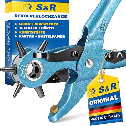 S&R Revolver-Lochzange, MADE IN GERMANY, als Gürtel-Lochzange/Leder-Locher, für Uhrenarmbänder, Gurte, Karton, Stoff, 6 auswechselbare hochpräzise Lochpfeifen in den Größen 2/2,5/3/3,5/4/4,5 mm