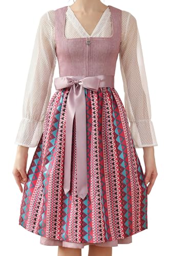 EIISSION Dirndl Damen midi Lang Dirndl Rosa Trachtenkleid Trachtenrock Dirndl-Komplettsets Trachtenmode Trachten Damen mit 3 Teilig Dirndl Schürze Dirndlbluse Oktoberfest Dresses Dirndlkleid 46