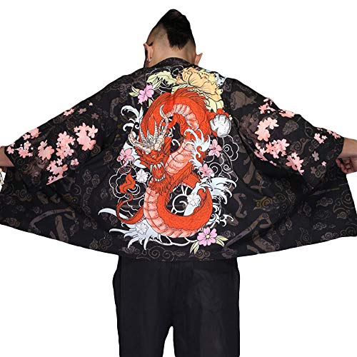 G-LIKE Herren Sommer Kimono Cardigan – Traditionelle Japanische Kleidung Haori Kostüm Taoistische Robe Langarm Jacke Chinesischer Stil Umhang Nachthemd Bademantel Nachtwäsche für Männer (Drache)