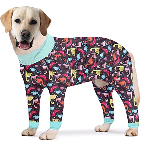 PriPre Chirurgie-Genesungsanzug für Hunde, Dinosaurier-bedruckt, langärmelig, weicher Schlafanzug, Einteiler, Overall verhindert Lecken, Haarausfall für große Hunde, Dunkelgrau, Größe XL