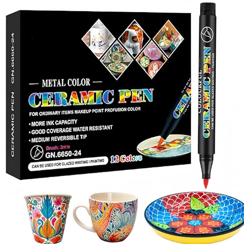 Topspitgo Porzellanstifte Spülmaschinenfest 12 Farben Keramik Bemalen Set Schnell Trocknend Wasserfester Acrylmarker für Tassen Keramik Mustern und Designkreationen Auf