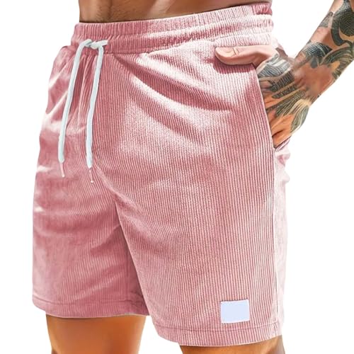 Herren Cord-Shorts, Surf, lässige Cord-Shorts, Sommer, Sport, kurz, Strand, Urlaub, kurze bequeme Arbeitshose mit elastischem Bund, lockere Passform, Outdoorhose, lässiger Kordelzug mit Taschen, rose