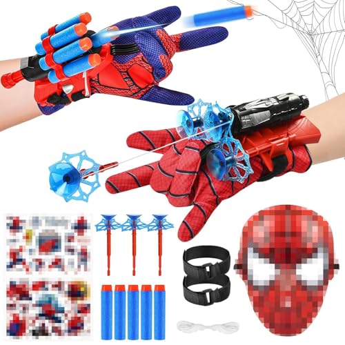 2 Set Spiderm Launcher Handschuh,Spiderm Handschuhe,Super Spiderm Launcher,Kids Spiderm Hero Handschuhe mit Maske und Aufkleber,Spiderm netzwerfer,Spiderm Hero Handschuhe,Geschenk für Kinder Fans