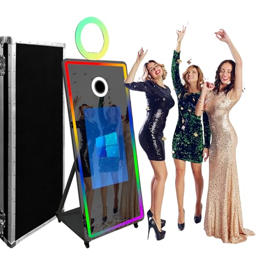 WideMeet Spiegel-Fotokabine, Selfie, LED-Rahmen, tragbarer Touchscreen, magische Spiegelkabine für Hochzeitsfeiern, Veranstaltungen (schwarze Maschine, 165 cm Fotoautomat + Flugkoffer)
