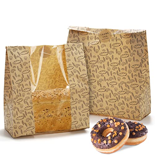 Hacaroa 100 Stück Papier Brotbeutel mit Klarem Fenster, 27,5 x 25 x 10 cm Kraft Bäckerei Taschen mit 100 Aufkleber, Braun Toast Verpackung Taschen für Hausgemachtes Brot, Keks