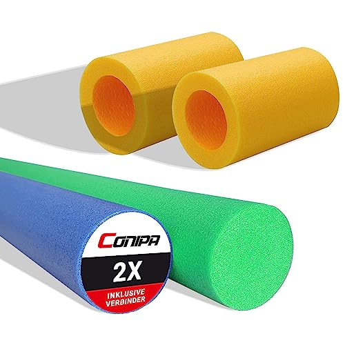 Conipa 2 Stück Schwimmnudel mit Verbinder Poolnudel Set für Kinder 3-6 Jahre & Erwachsene Wassernudel zum Baden, Schwimmtraining, Aquasport, Wassergymnastik UVM. Made in Europe (Blau + Grün)