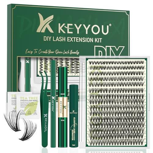 DIY Wimpernverlängerung Kit KEYYOU 300Pcs 40D 0.07D Curl 8-16MIX Wimpern-Cluster-Kit mit Wimpern Kleber Entferner Applikator einfach zu bedienen für Anfänger (Kit-40D-0.07D,8-16MIX)