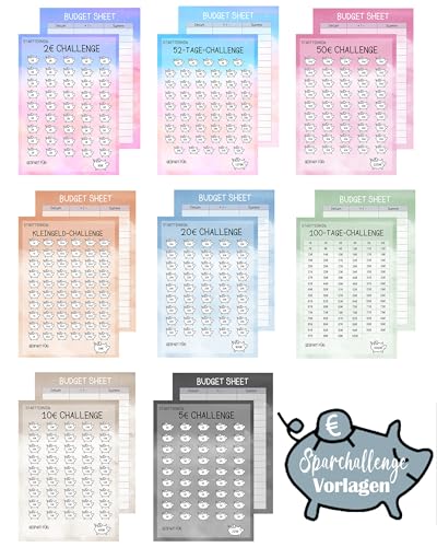 Sugeru 24pcs Budget Planner Deutsch-A6,Sparchallenge Budgetplaner,Budget Planner Zubehör,Spar Challenge mit 2€, 5€, 10€, 20€, 50€, Kleingeld, 52 TAGE, 100 TAGE,8 Farben Sparchallenges(Schweinchen)