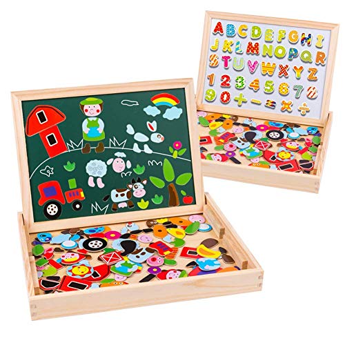 Uping Holzpuzzle mit Doppelseitige Magnettafel,Kinder Magnetische Holzspielzeug,155 Stücke Nettes Farm Tier/Auto/Buchstaben Digitales Puzzle -Muster, Geschenk für Junge und Mädchen