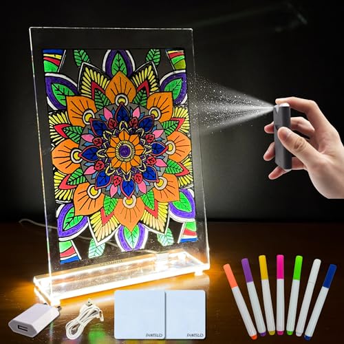 PINTELED Leuchtende LED-Tafel | Leuchttafel 21 x 30 cm | LED-Notiztafel mit Reiniger und 7 Filzstiften | LED-Lichttafel | Neontafel | Leuchttafel | Leuchttafel | LED-Tafel