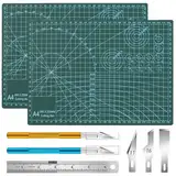 2 Stück A4 Schneidematte Set, Selbstheilende Bastelunterlage Schneideunterlage Cutting Mat mit 43stk Bastelmesser und Stahllineal für Basteln Zeichenunterlage Bastelskalpell(A4 30X22CM)
