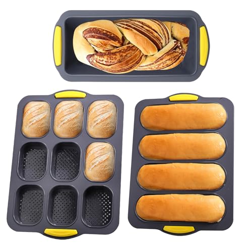 XIMKONTER Backform Baguette Backblech 3 Rollen NonStick Brot Backformen Baguette Tablett Easy Clean Silikon Backen Baguette Brot Werkzeug zum Backen (Grau, Baguette)