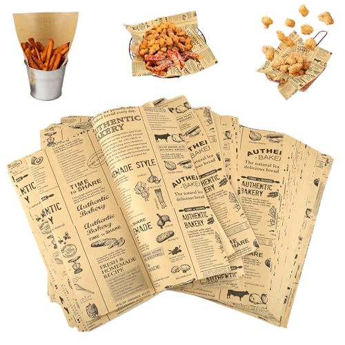 100 Blätter Backpapier Zeitungsoptik, Backpapier Zuschnitte 25 X 25 cm，Butterbrotpapier, Burger Papier, Käsepapier, Ölbeständiges Sicheres Deli Wrap Papier für Sandwiches, Pommes, Kuchen, Brot