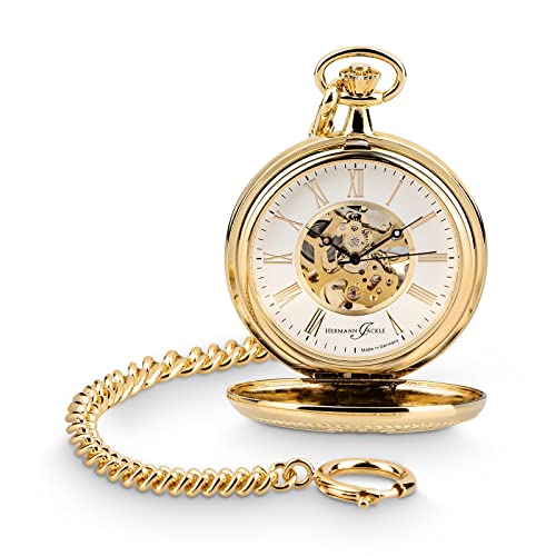 Hermann Jäckle Wien Vergoldet Skelett Taschenuhr – Handaufzug, Kette & Reiseetui, Mineralglas, Made in Germany, Präzise Uhrtechnik