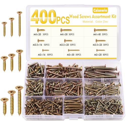 Caianwin 400 Stück Holzbauschrauben Set M3 M3.5 M4 Holzschrauben Spanplattenschrauben mit Senkkopf,Selbstschneidende Schrauben Sortiment - 9 Größen