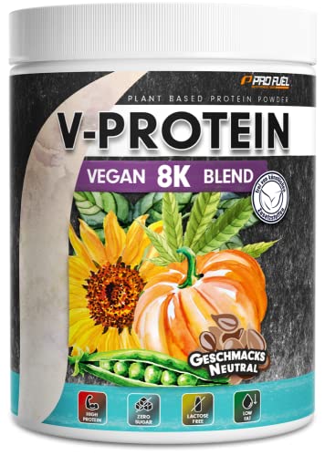 Vegan Proteinpulver NEUTRAL (480g) zum Backen und Kochen - ohne Aroma und Süße - naturbelassenes Protein aus Sonnenblumen, Soja, Hanfsamen & Kürbiskernen - 84% Protein-Gehalt - V-PROTEIN 8K Blend