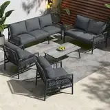 Gegtuon Gartenmöbel Sitzgruppe für 7 Personen, Rattan Lounge mit Sofa und Couchtisch, Möbel Outdoor mit Tisch und Sessel, Loungemöbel Gartenmöbel-Sets mit Sitzkissen Abnehmbar und Waschbar (Grau)