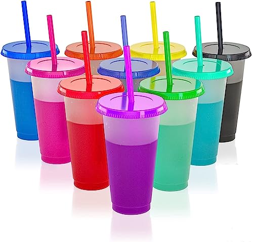 LATERN 10 Stück Farbwechsel Becher mit Deckel und Strohhalmen, 710 ml Wiederverwendbare Plastikbecher Niedlicher Kindertrinkbecher Große Partybecher für Eisgekühltes Trinkwasser (10 Farben)