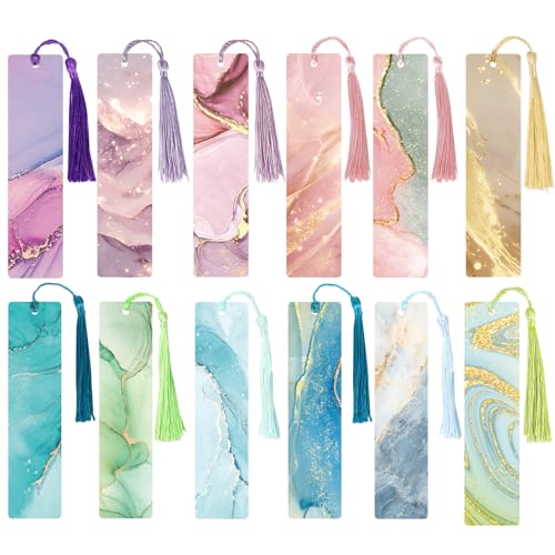 BETESSIN Ästhetische Lesezeichen Papier - 12x Lesezeichen mit Marmorierung Mustern - Geschenk Tags mit Quasten - Blanko Lesezeichen zum Basteln & Beschriften - Lesezeichen Selbst Gestalten